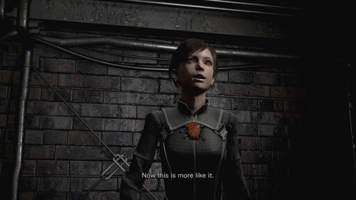 Rebecca wearing "team Wesker" costume, saying: Now that's more like it!