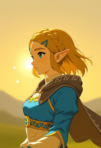 A young woman blonde hair with a blue hair clip, pointed elf ears, and blue eyes. She wears a blue and white top with yellow accents, and a brown cape. The background is a sunset over a grassy field with silhouetted mountains