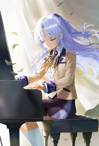 A young woman with long light blue hair and closed eyes, sitting at a black piano. She wears a tan blazer, purple skirt, and white knee-high socks. Soft sunlight filters through the background, casting a gentle glow on her. 