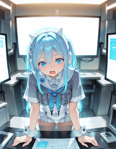 A blue-eyed young woman with long, light blue hair, wearing a white and gray outfit with cat ear headphones. She is leaning forward on a control panel with a screen displaying data with a surprised expression on her face. The background is a high-tech room with sleek, metallic surfaces and monitors. 