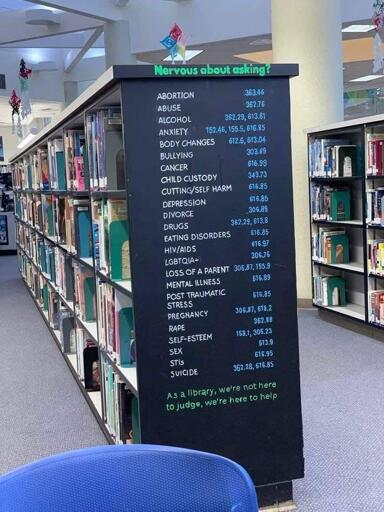 Sign in a library saying: "Nervous for asking?" Then showing a number of topics such as rape, bullding, sex, self-esteem, suicide and so forth with the corresponding shelfs and then "As a library, we're not here to judge, we're here to help"