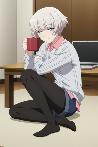 A young woman with short, silver hair and blue eyes sitting on the floor, holding a red mug. She is wearing a white sweater over a pink shirt, blue shorts, and black tights. She is barefoot and positioned in front of a wooden table with a laptop. The background shows a simple, beige room with wooden floors and walls. 