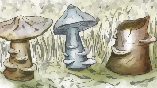 A drawing of two mushrooms and a stump in a swamp.