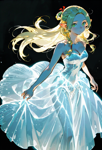 A green-eyed elf woman with long blonde hair and two braids. She wears a white, strapless, ethereal gown with a shimmering, flowing skirt. The background is dark, making her glowing attire stand out. 