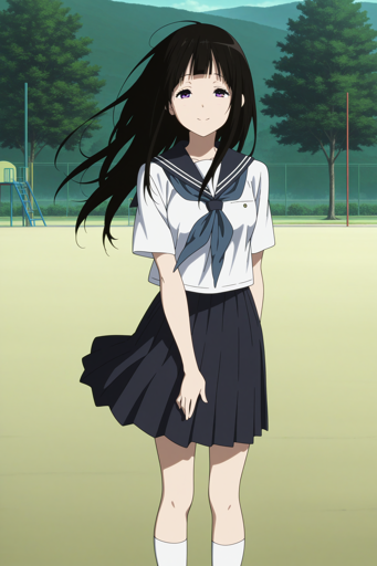 A young woman with long black hair and purple eyes. She is dressed in a traditional Japanese school uniform, consisting of a white sailor top with a dark blue neckerchief and a dark blue pleated skirt. She stands on a playground, with playground equipment in the background, a fence, and a few trees. 