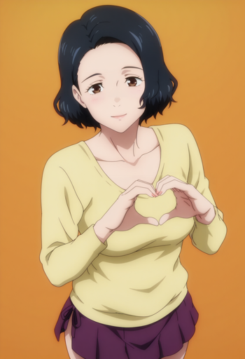 A woman with short black hair and large brown eyes. She is wearing a yellow long-sleeve top and a purple skirt, with her hands forming a heart shape over her chest. 