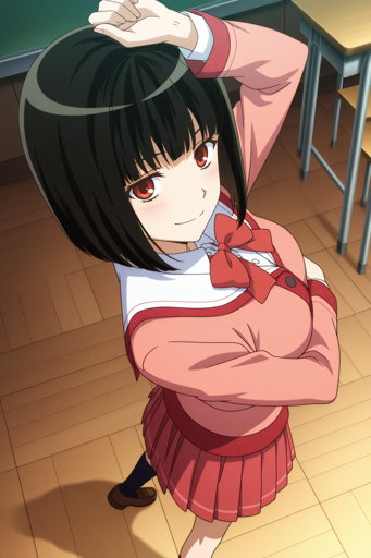 A girl with short black hair, red eyes, and a confident smile posing with one arm raised resting her hand on her head. She is wearing a pink sailor uniform with a red bow, pleated red skirt, and black knee-high socks. 