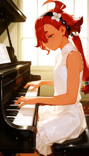 A young woman with red hair tied in a ponytail and adorned with a black hairband with a white flower, playing a black grand piano in a sunlit room. She is wearing a sleeveless, white, high-neck dress with intricate lace details. The background shows a large window, casting natural light that highlights the piano's glossy surface. 