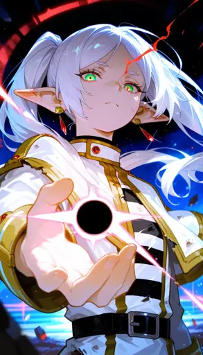 A white-haired, elven girl with piercing green eyes. Her hair is styled in twintails, and She has large, pointed ears with red gemstone earrings. She wears a white and gold outfit with a black belt. She is extending her hand towards the viewer, with a glowing black and white spell floating in her palm. 