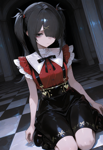 A young woman with black pigtails held with red hair ties, and sunken black eyes kneeling on the floor. She wears a red and white frilled blouse with a black ribbon, black suspenders, and a black skirt with gold accents. The background shows a dimly lit, checkered floor hall with stone walls and columns. 