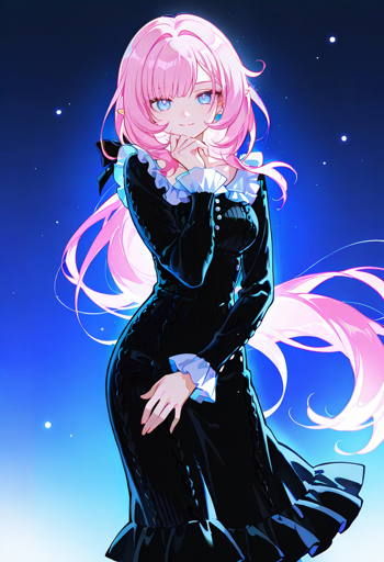 A young woman with long pink hair and large blue eyes. She is dressed in a black, long-sleeved, form-fitting dress with white ruffled edges. The background is a starry night sky in a gradient of deep blue to lighter blue.