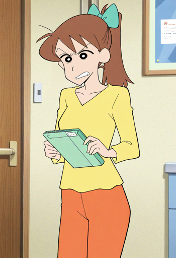 A woman with brown hair tied in a ponytail with a green bow. She is wearing a yellow V-neck shirt and orange pants and is holding a green clipboard with an angry expression. The background shows a beige wall, a wooden door, and a blue bulletin board.