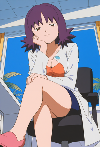 A low angle shot of a woman with short purple hair and brown eyes, wearing a white lab coat over an orange top and a blue skirt. She is seated on a black office chair, looking down at the viewer leaning her head on her left arm, with a confident expression. The background features a blue sky and green palm trees visible through a large window.