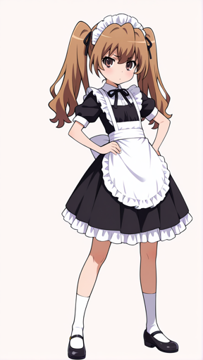 A girl with light brown hair styled in two high pigtails, secured with black ribbons, in a maid outfit. Her outfit consists of a black dress with white frilly apron and a matching headpiece, black Mary Jane shoes and white knee-high socks. 