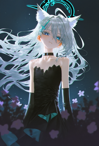 A silver-haired girl with cat ears, blue eyes, cyan ring-shaped halo, and a black, strapless dress. She is standing against a dark, starry night sky with purple flowers in the foreground. 