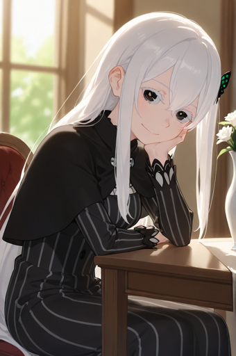 A smiling white-haired young woman with brown eyes. She is wearing a black, pinstriped dress with a high collar and a matching black cape. She is sitting at a wooden table with her chin resting on her hand, looking at the viewer. The background shows a bright, sunlit room with a window, and a vase of white flowers on the table.