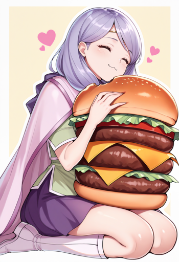 A young woman with long, lavender hair and a gold circlet. She wears a light purple cape and a green top with a purple skirt and white boots. She is kneeling and resting a massive burger on her lap, her eyes closed in contentment. Pink hearts float around her head. The background is a light beige. 